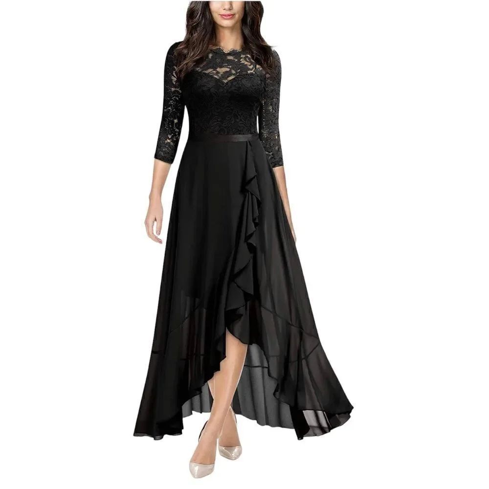 NWT Miusol Evening Elegant Black Floral Maxi Ruffle Lace Dress sz M